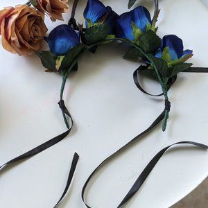navy flower crown headband with black ribbon